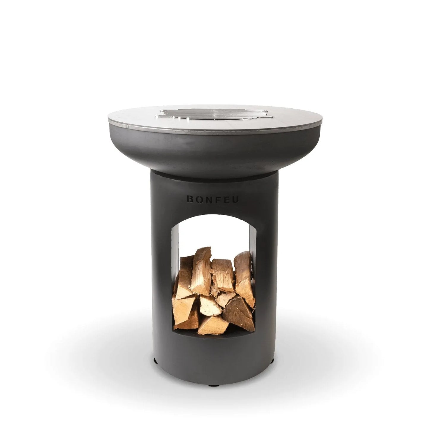 Dark gray bonfeu bonbiza open plancha grill fire pit with silver cooking surface and visible wood storage in black steel