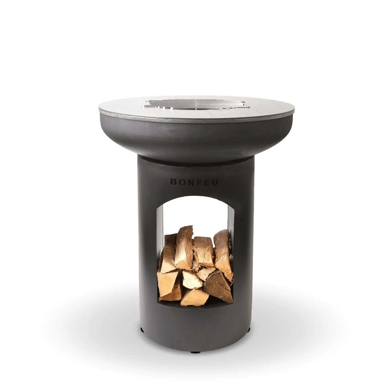 Dark gray bonfeu bonbiza open plancha grill fire pit with silver cooking surface and visible wood storage in black steel