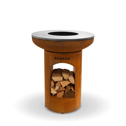 Rust-colored bonfeu bonbiza open plancha grill fire pit with silver metal top and arched opening showing stacked wood