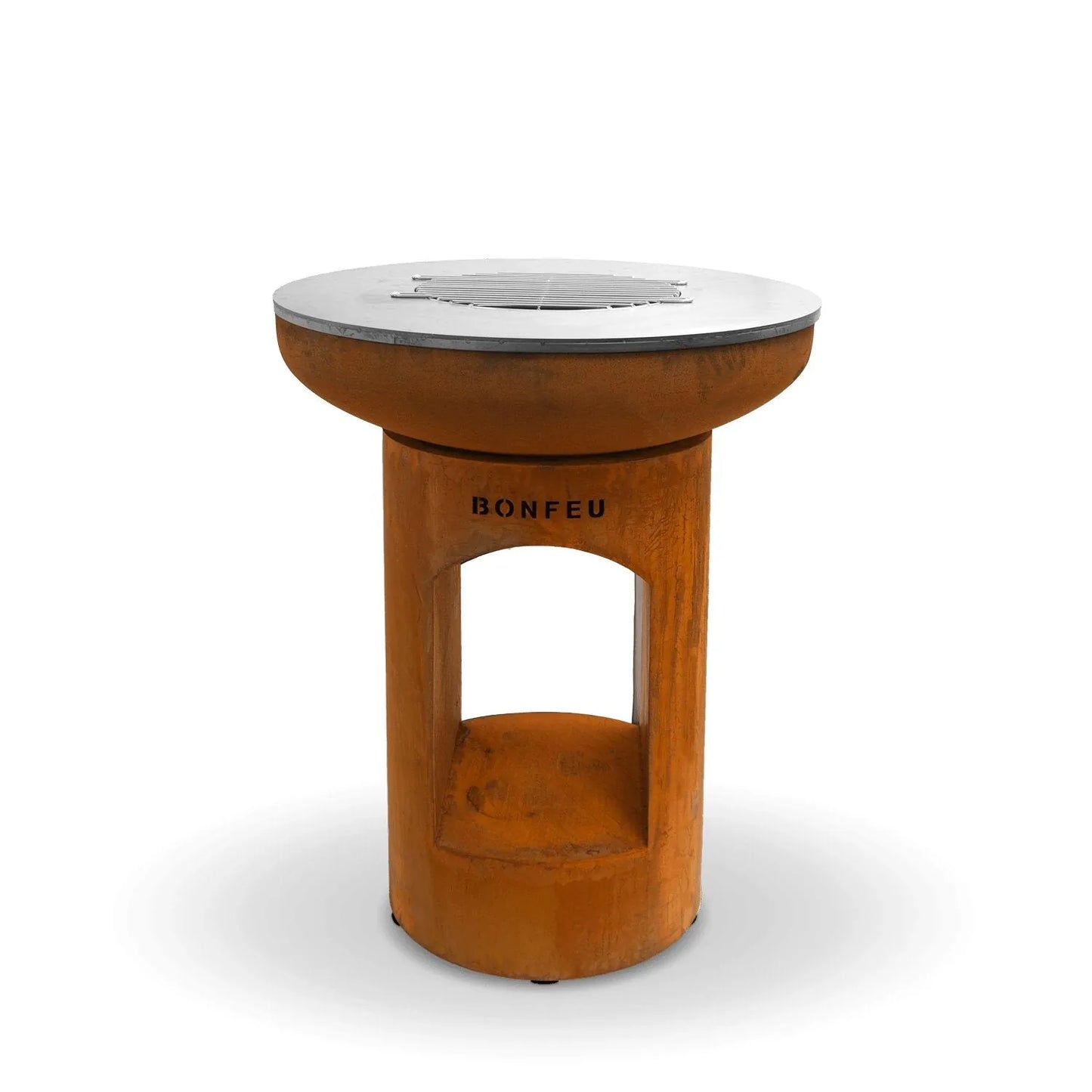 Bonfeu bonbiza open plancha grill fire pit with rust-colored corten steel body and silver metal cooking surface