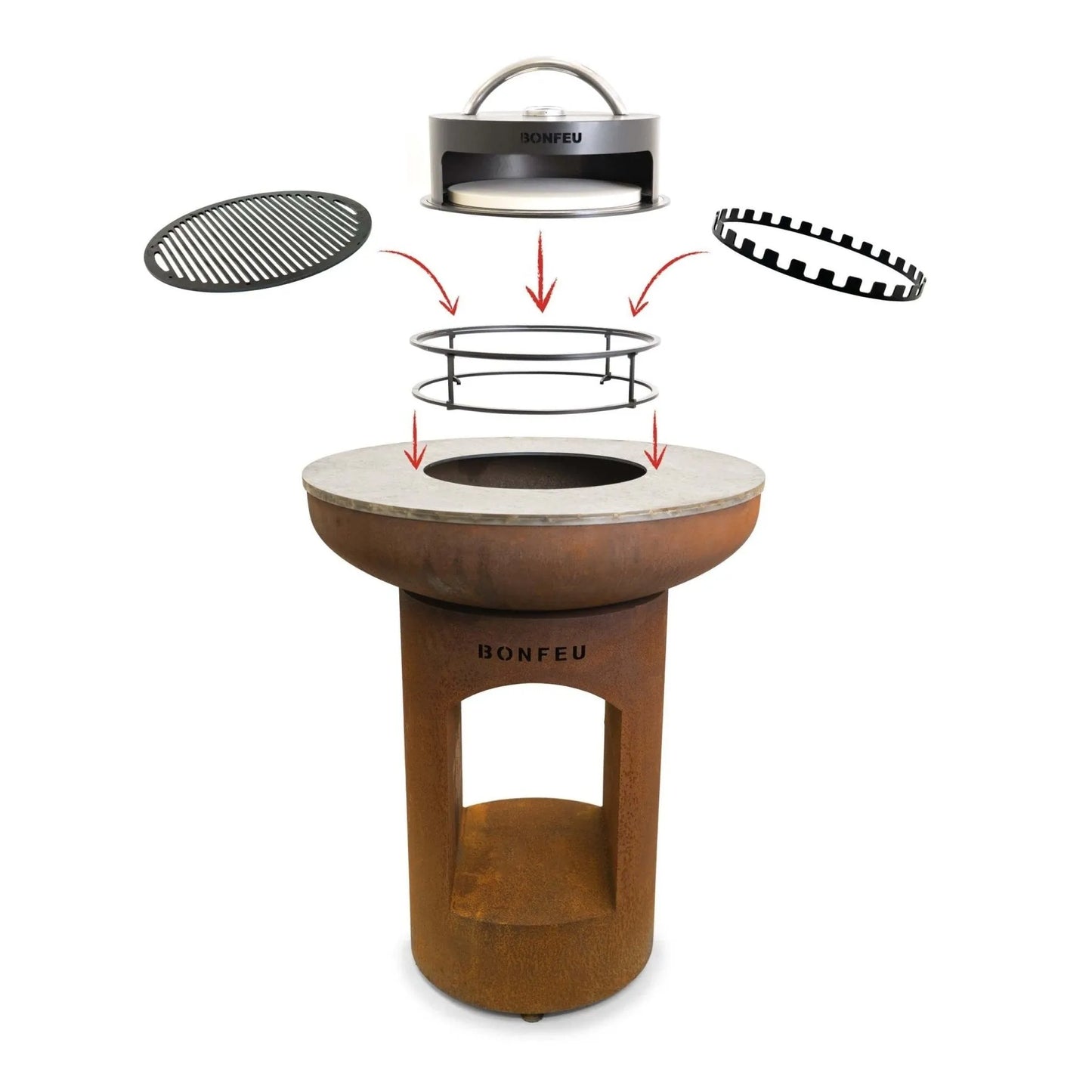 Rust-colored bonfeu bonbiza open plancha grill fire pit with stainless steel lid and removable black cast iron grates