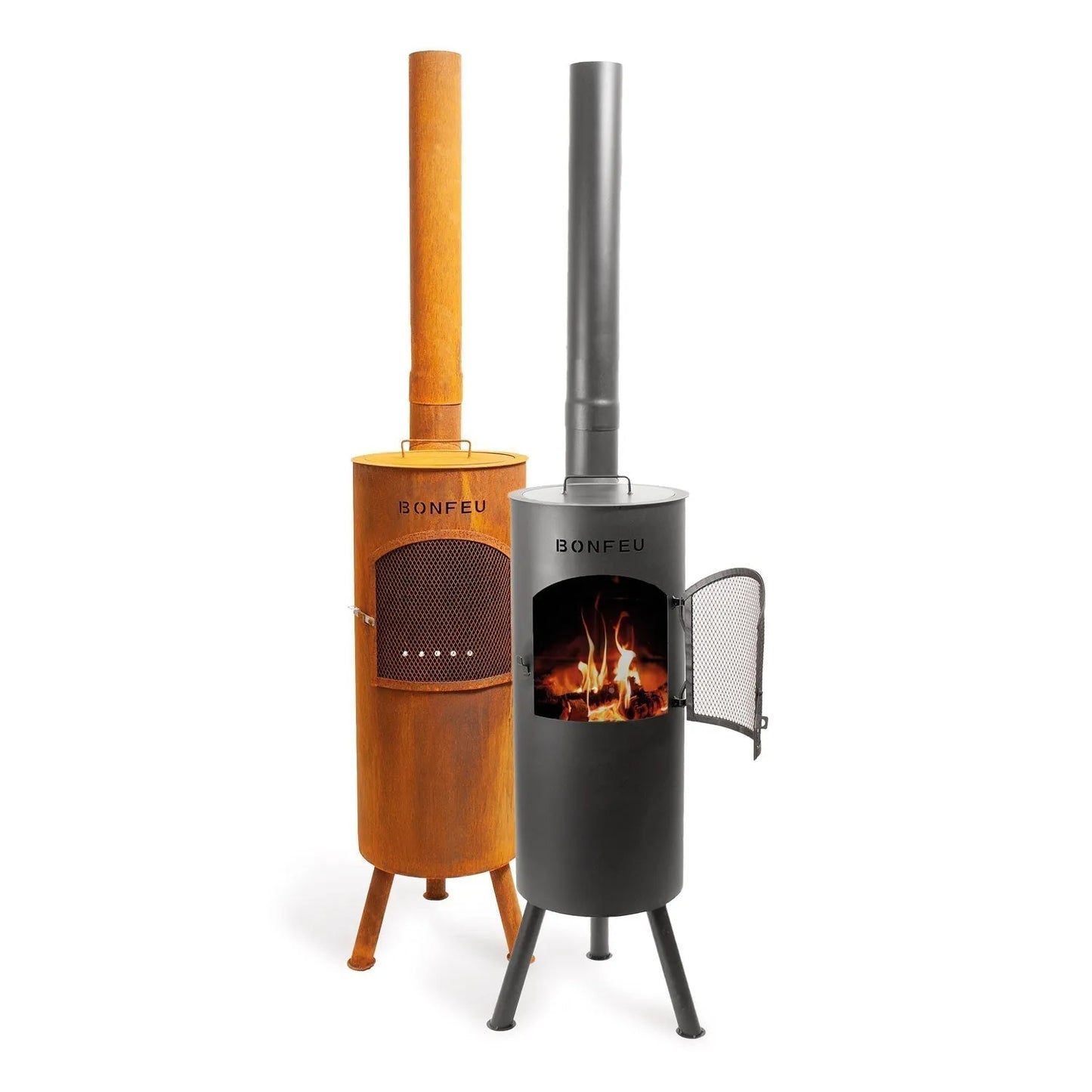 Two bonfeu bongiano lp outdoor fireplaces in rusted copper and matte black steel with mesh doors and chimneys