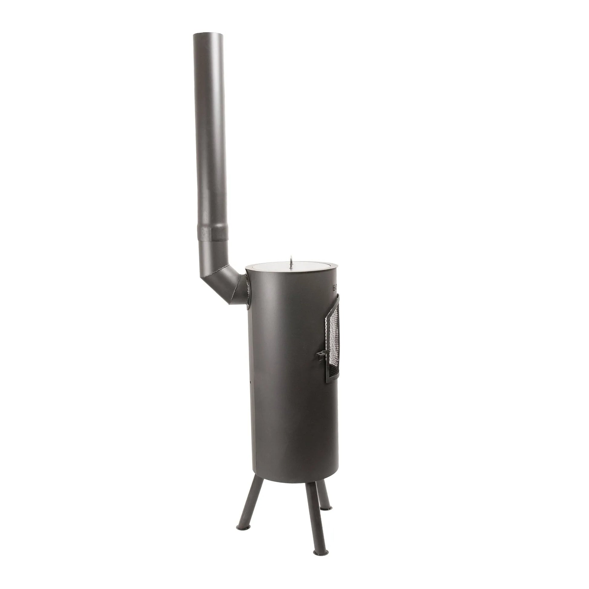 Black metal bonfeu bongiano lp wood-burning stove with tall chimney mesh door in black and corten steel