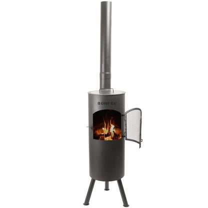 Black metal bonfeu bongiano lp outdoor wood-burning stove with tall chimney and mesh door in black and corten steel