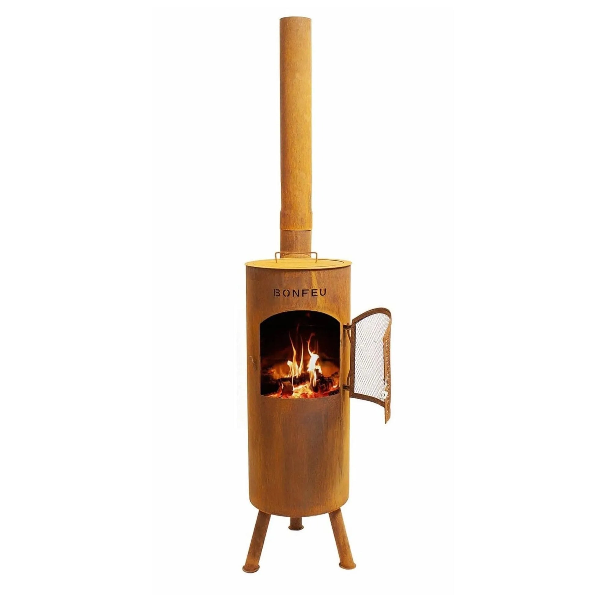 Rust-colored Bonfeu BonGiano LP outdoor fireplace with wooden chimney and mesh door in black and corten steel