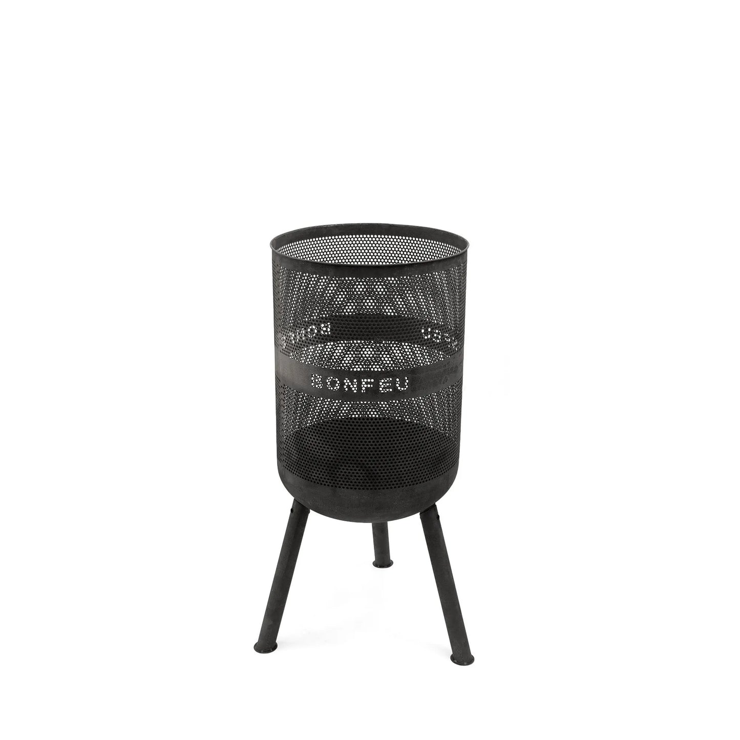 Black metal mesh fire basket with tripod legs and bonfeu branding bonfeu bonves 45 fire pit