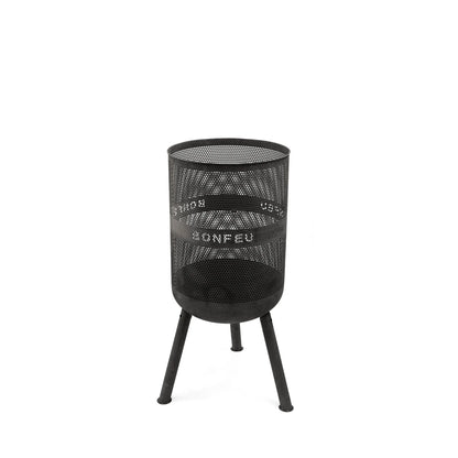 Black metal mesh fire basket with tripod legs and bonfeu branding bonfeu bonves 45 fire pit