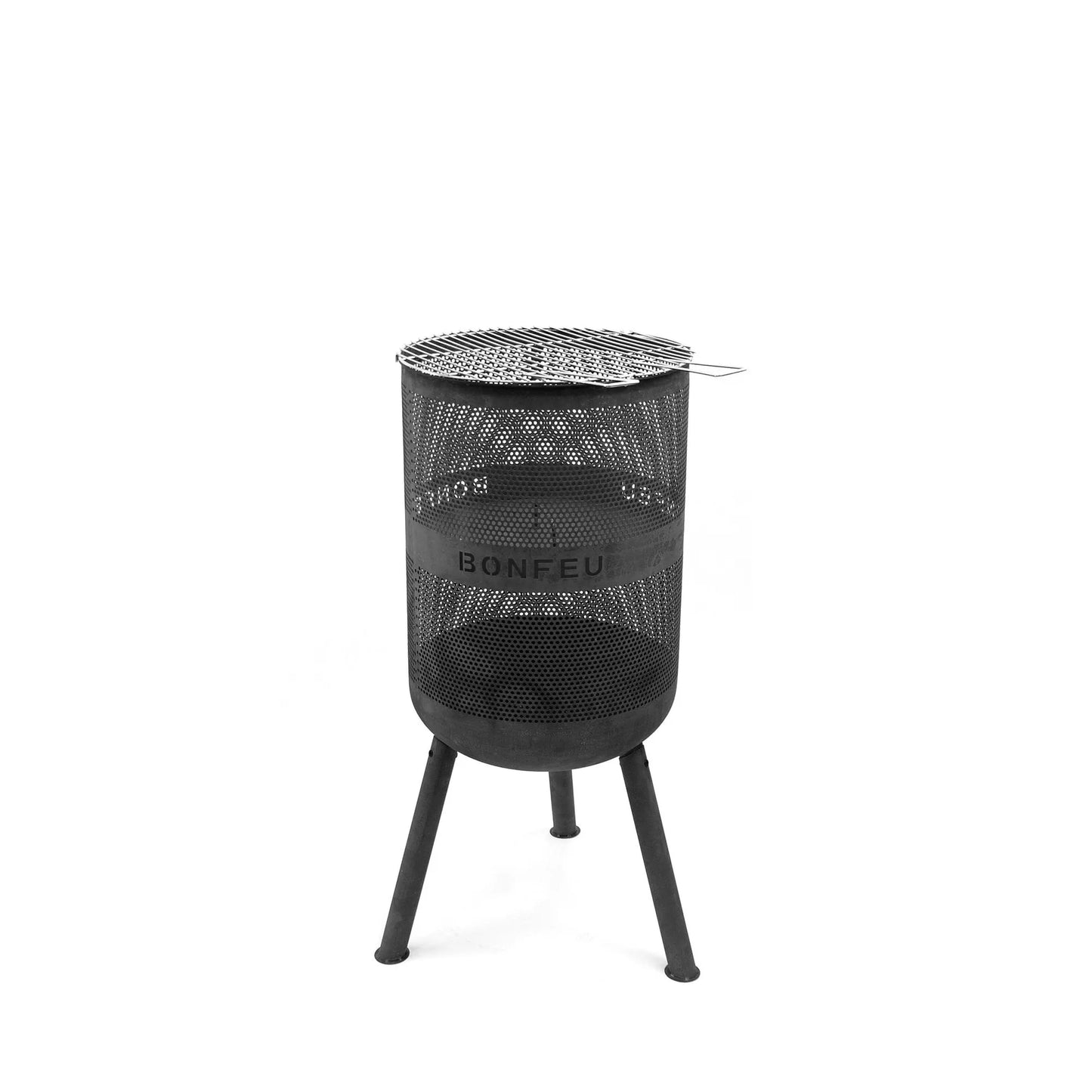 Black mesh bonfeu bonves 45 fire pit with tripod legs and silver grilling grate for outdoor use