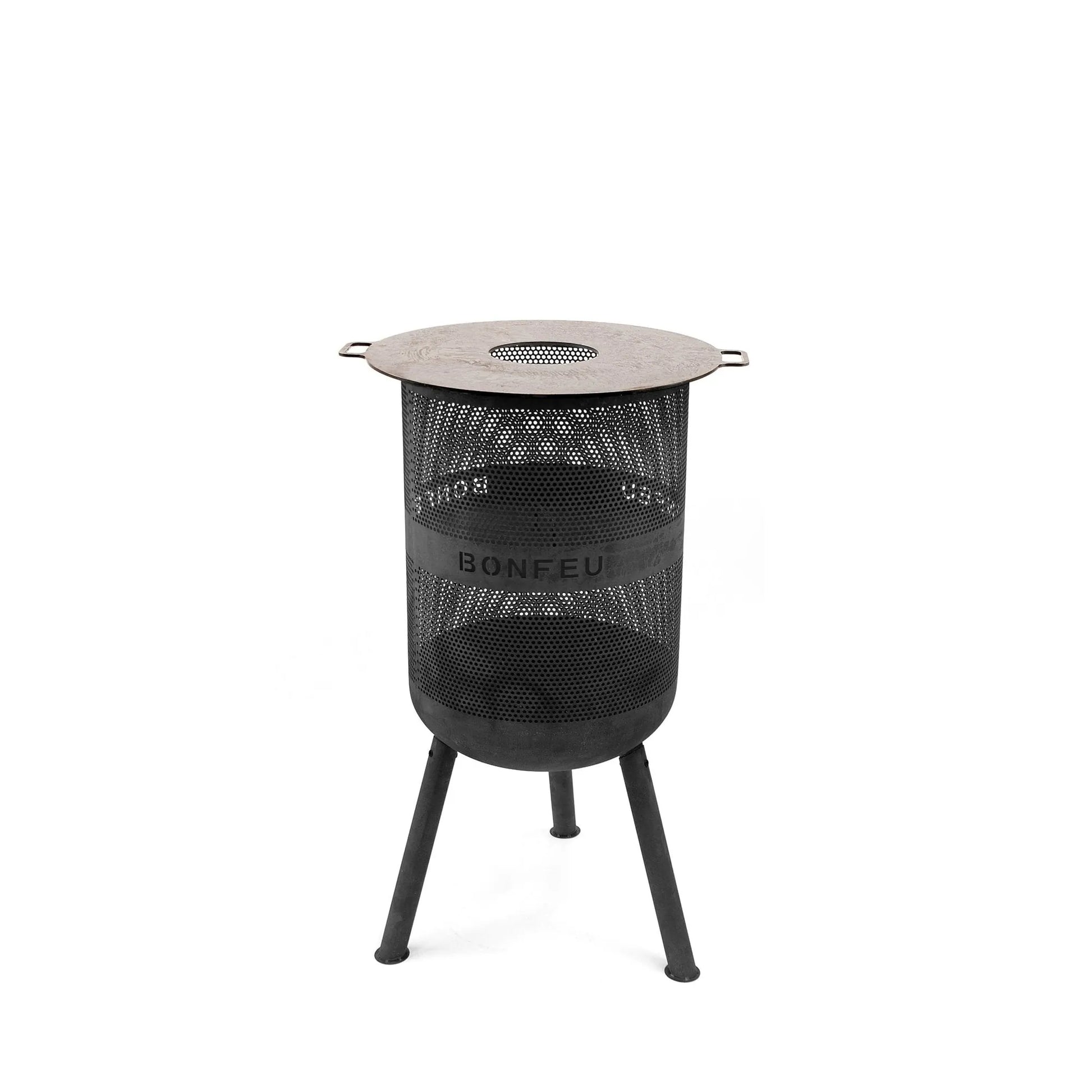 Black mesh fire pit with circular metal lid and three legs featuring bonfeu brand name on the side