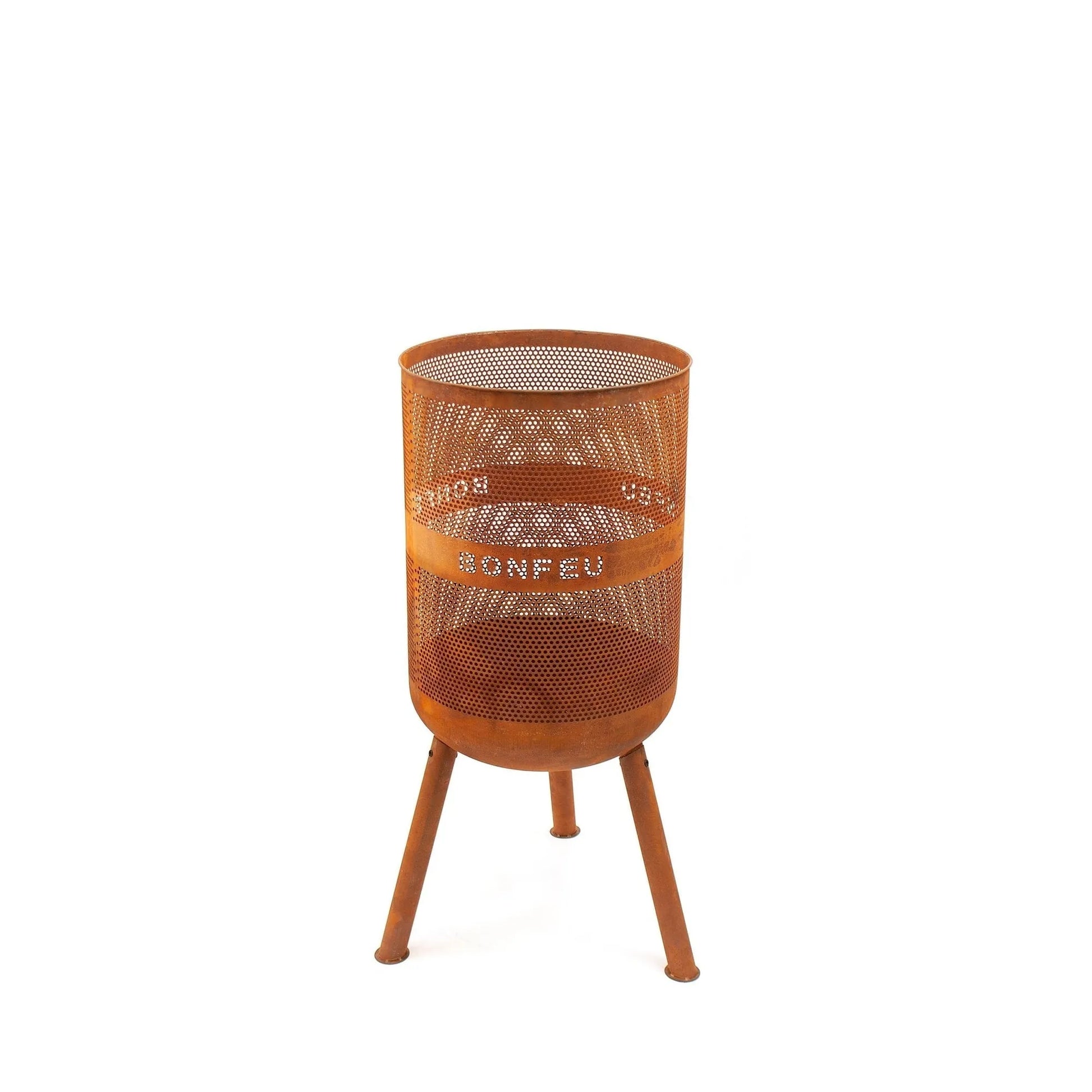 Rust-colored perforated metal fire pit with tripod legs and bonfeu branding bonfeu bonves 45 fire basket