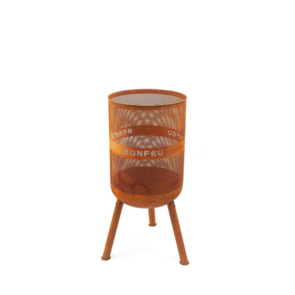 Rust-colored perforated metal fire pit with tripod legs and bonfeu branding bonfeu bonves 45 fire basket