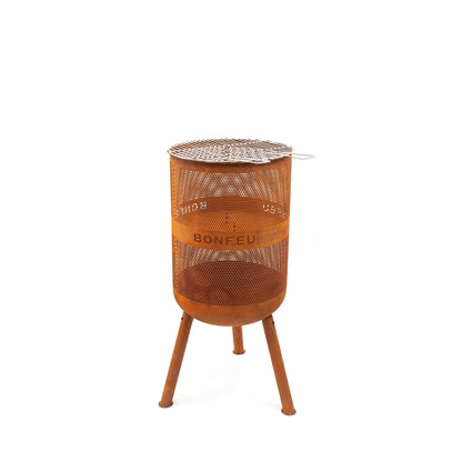 Rust-colored perforated metal fire pit with tripod legs and wire mesh lid bonfeu bonves 45 fire basket