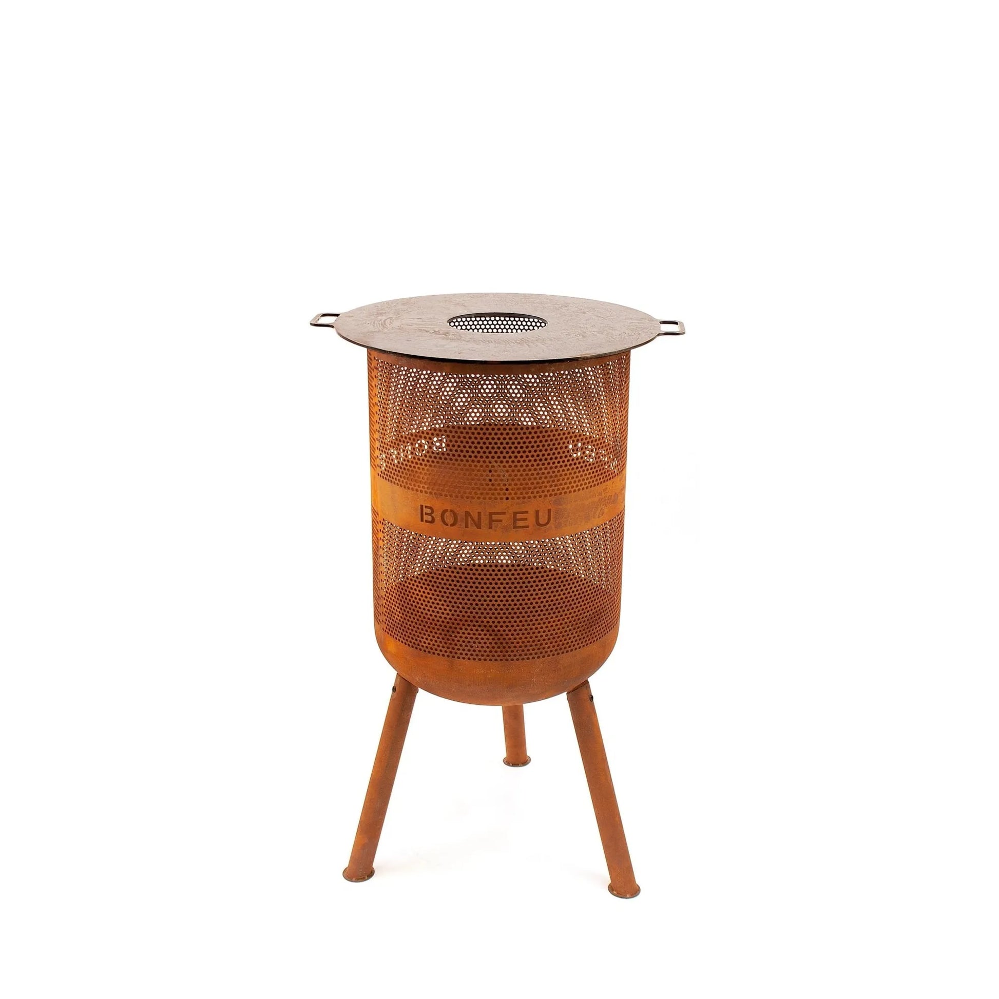 BonFeu BonVes 45 rust-colored perforated metal fire pit with tripod legs and circular lid with handles