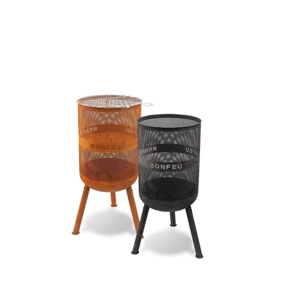 Two bonfeu bonves 45 fire pits with cylindrical perforated mesh design in rusted and black metal with wooden and black legs