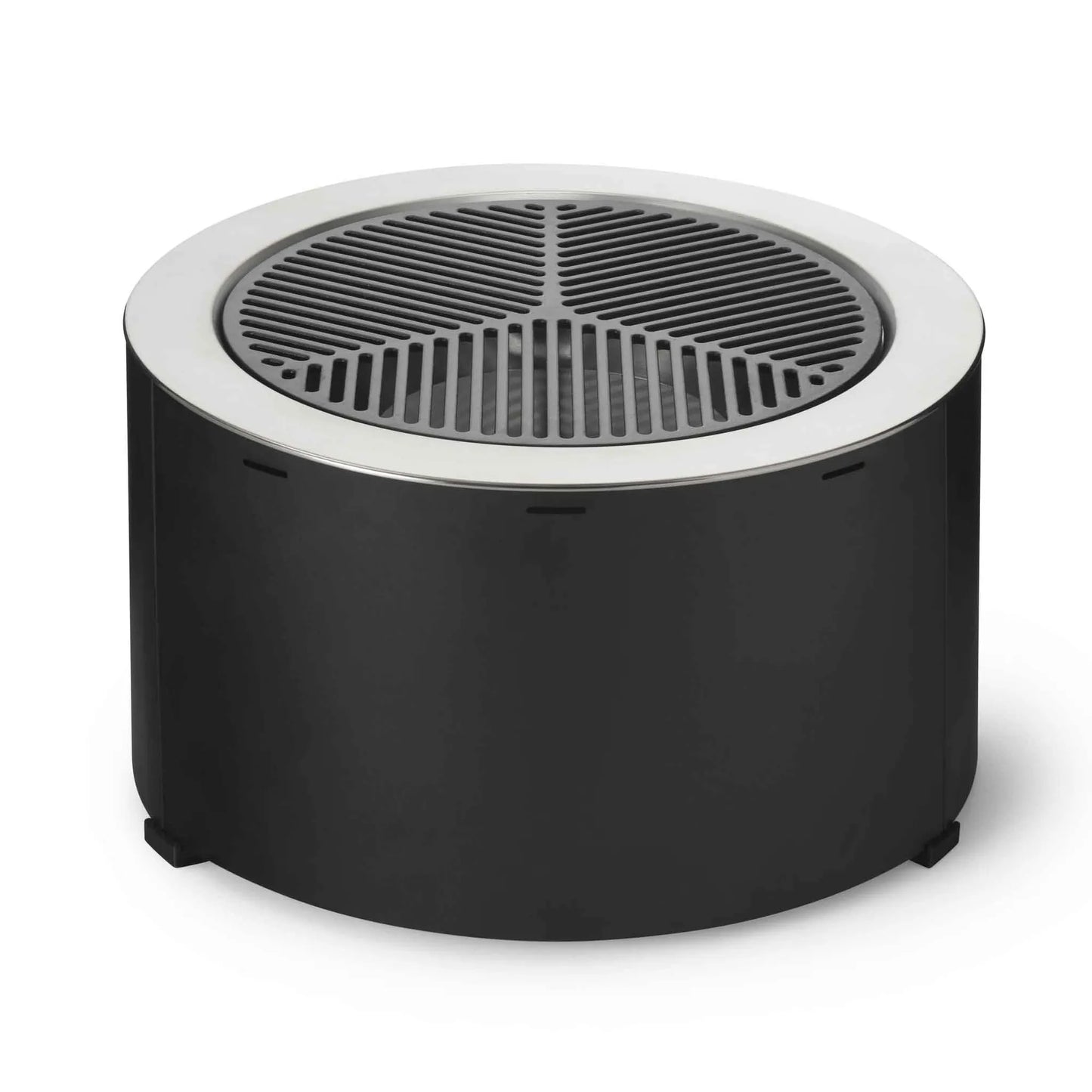 Black cylindrical cast iron fire pit with silver rim and black slatted grill top martinsen 9000 9100 cast iron grid