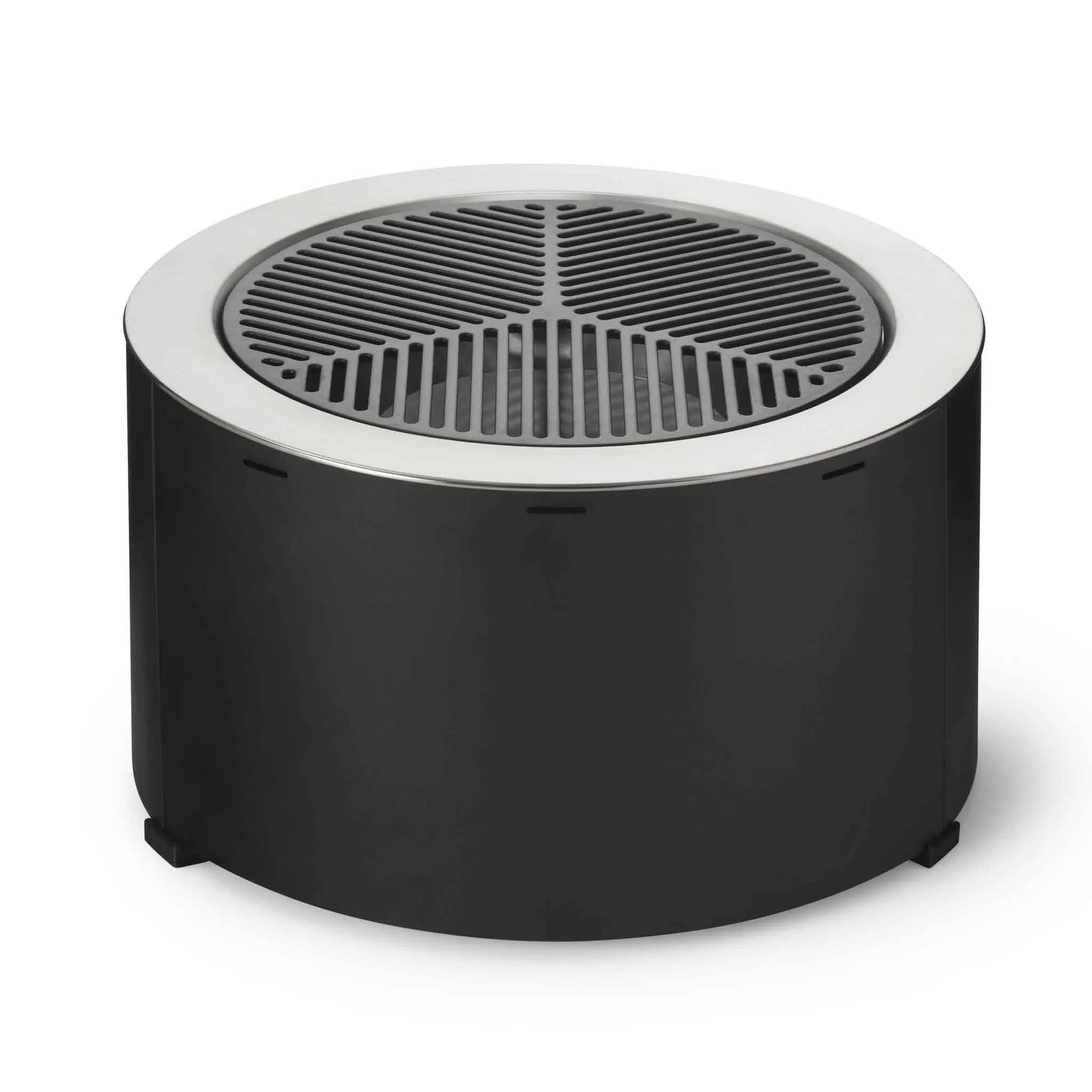 Black cylindrical cast iron fire pit with silver rim and black slatted grill top martinsen 9000 9100 cast iron grid