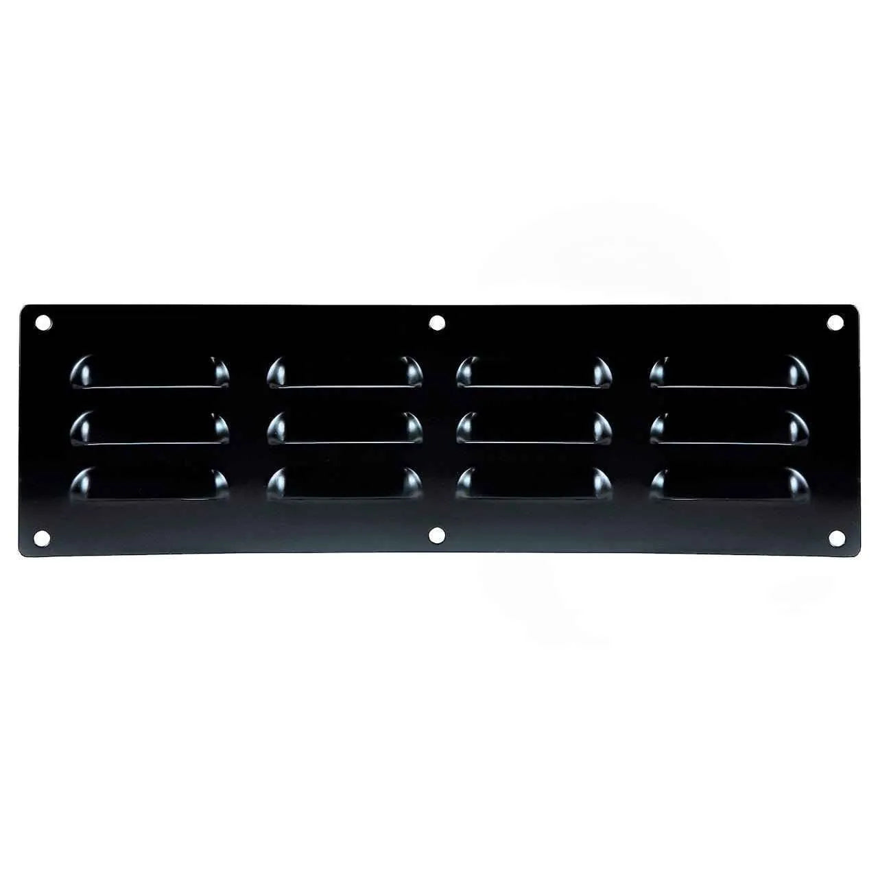 Sunstone black series small vent frame metal grille with four rows of curved slats and corner mounting holes