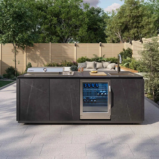 Buschbeck Derby outdoor kitchen island with grey marbled ceramic finish dark stone countertops grill sink and wine cooler