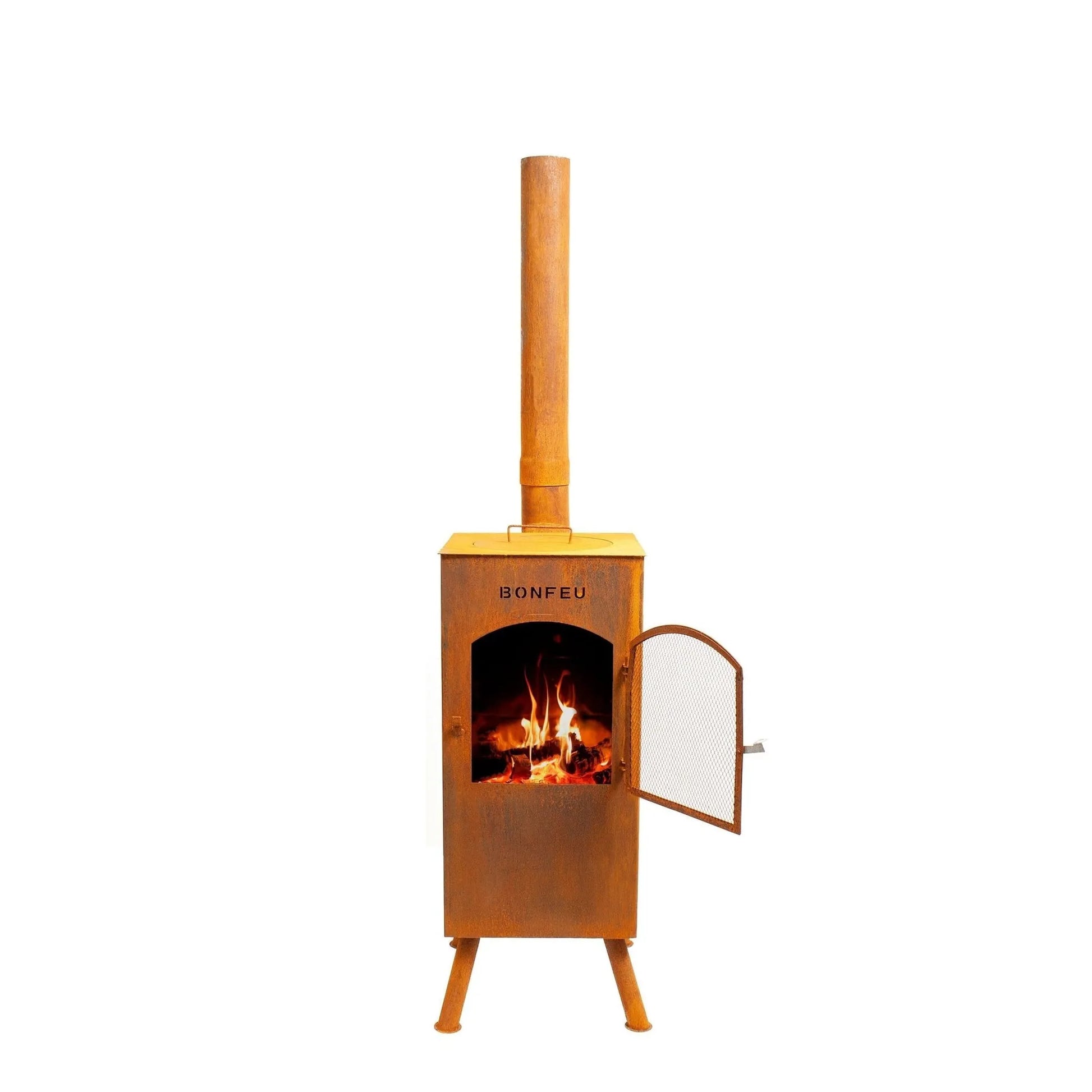 Rustic copper-colored metal bonfeu boncarré outdoor wood-burning stove with wooden chimney and arched door