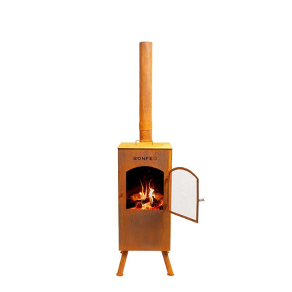 Rustic copper-colored metal bonfeu boncarré outdoor wood-burning stove with wooden chimney and arched door