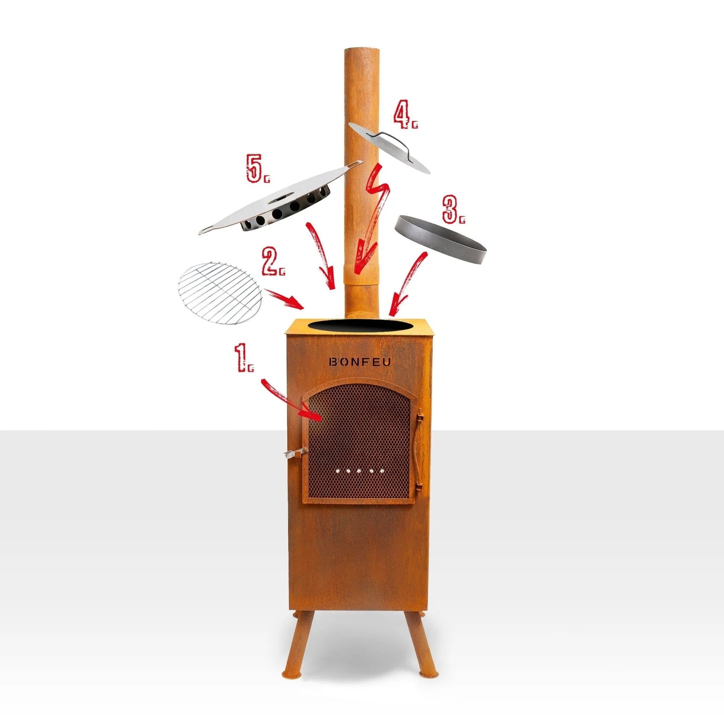 Rust-colored corten steel bonfeu boncarré outdoor fireplace grill with tall chimney and detachable components