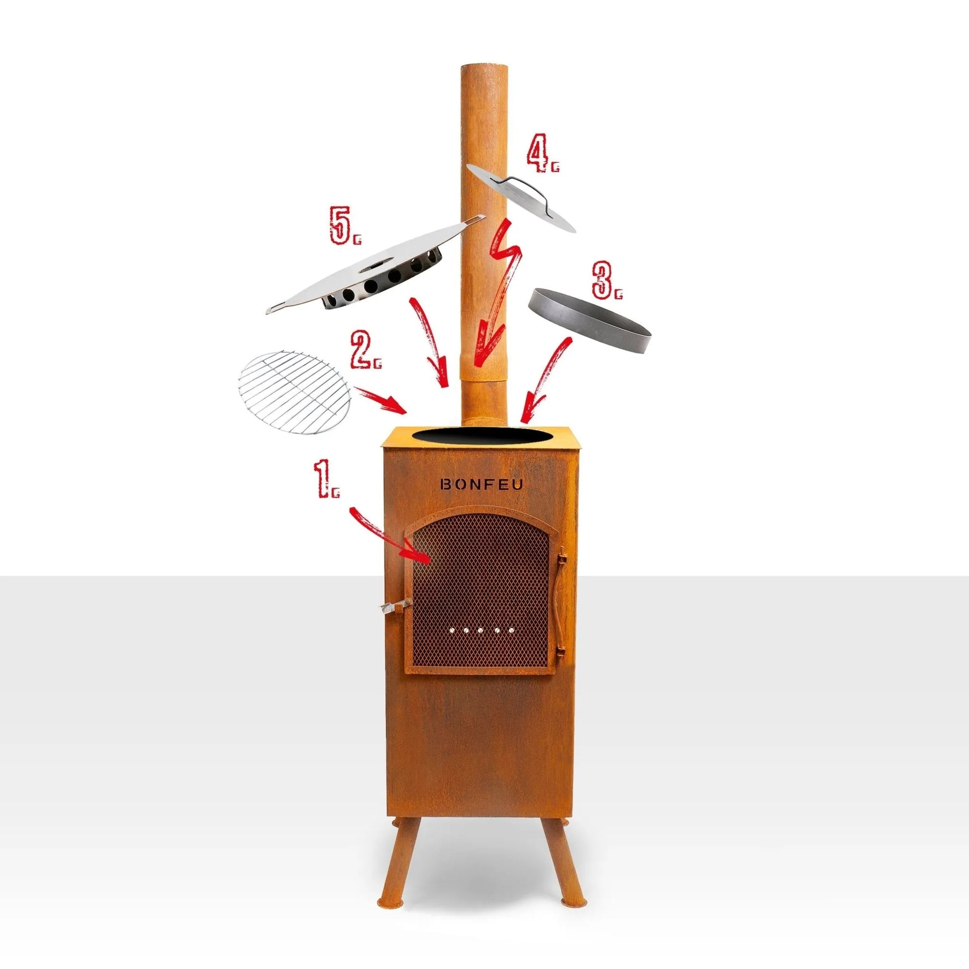 Rust-colored corten steel bonfeu boncarré outdoor fireplace grill with tall chimney and detachable components