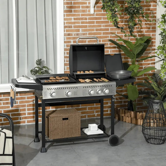 Outsunny 15kw deluxe duo black gas bbq with 4 burners stainless steel, side shelves, storage basket, and wheels
