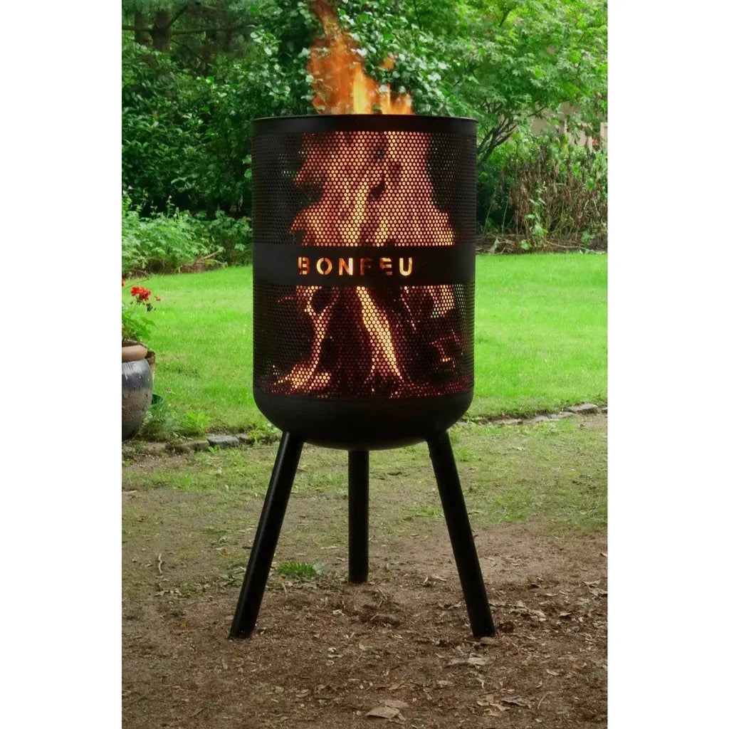 Black perforated metal fire pit with tripod legs and bonfeu branding bonfeu bonves 45 fire basket