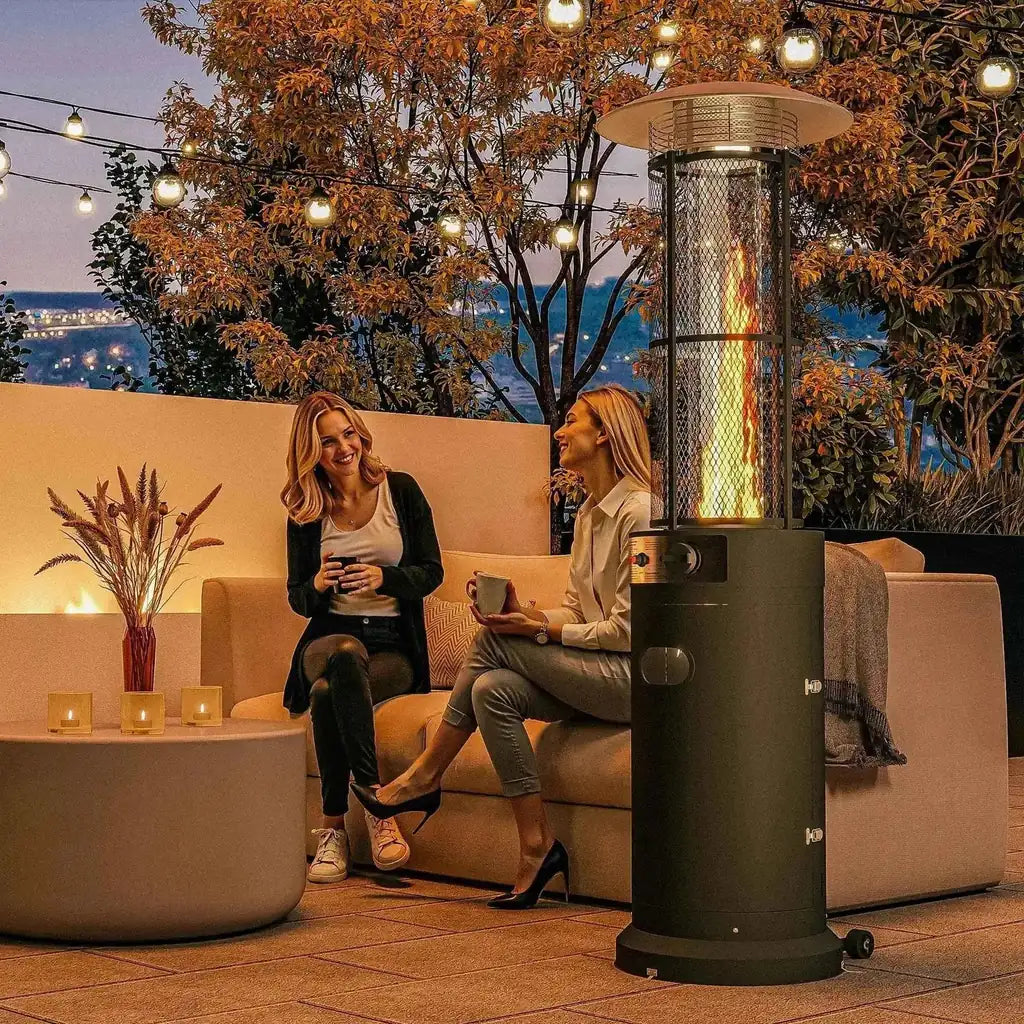 Black outsunny 11kw gas patio heater with adjustable settings, wheels, mesh front, and glowing flame inside