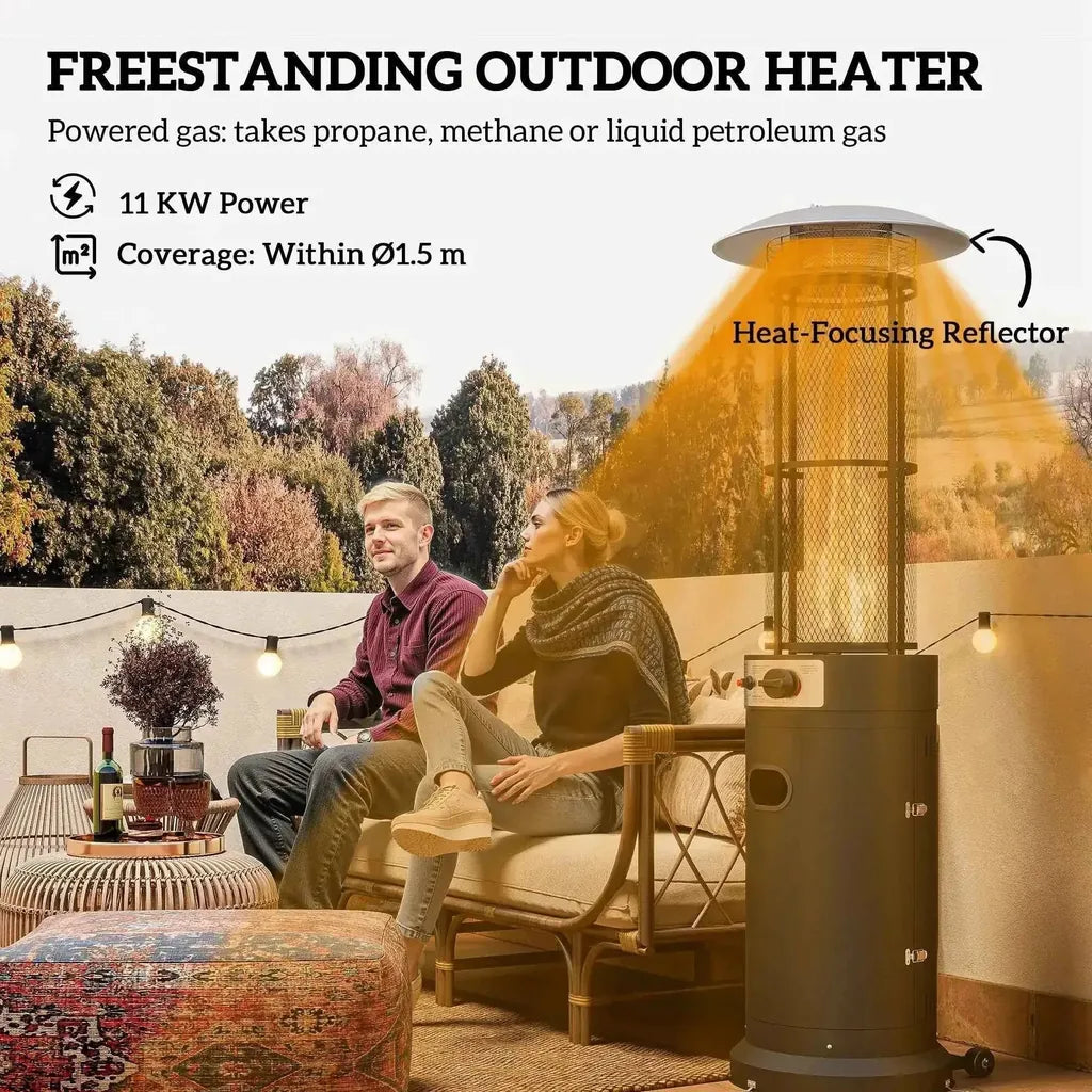 Outsunny 11kw black gas patio heater with heat-focusing reflector adjustable height and wheels for outdoor use