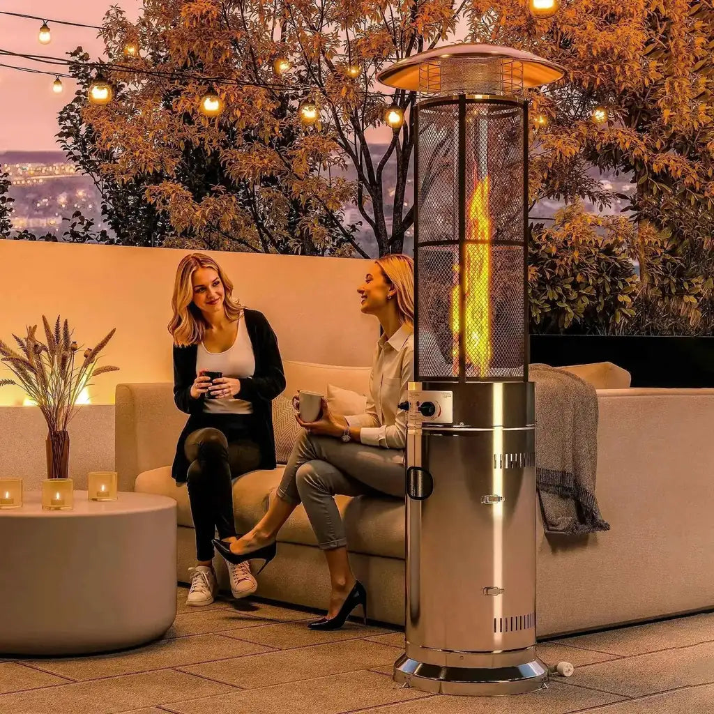 Outsunny stainless steel outdoor gas patio heater with mesh enclosure and glowing flame on wheels adjustable 11kw