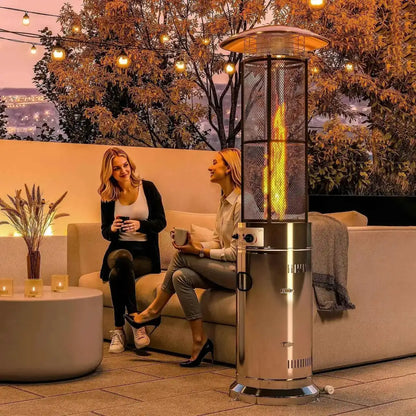 Outsunny stainless steel outdoor gas patio heater with mesh enclosure and glowing flame on wheels adjustable 11kw