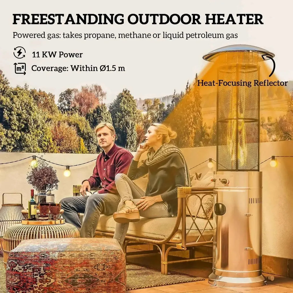 Outsunny 11kw gas patio heater in silver stainless steel with heat-focusing reflector and adjustable wheels