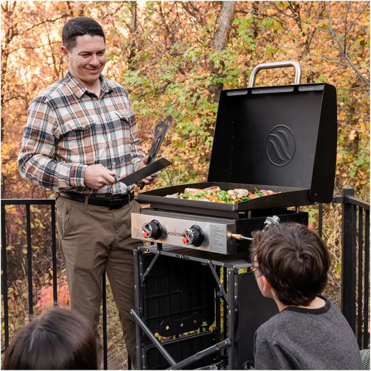 Blackstone 22 inch tabletop gas grill with black cast iron griddle and stainless steel control panel with hood