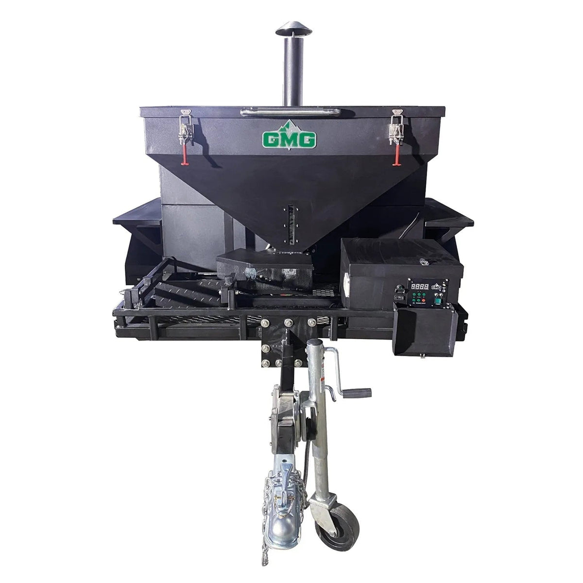Black gmg brand agricultural spreader with metal hopper control panel and hitch assembly shown from the back side