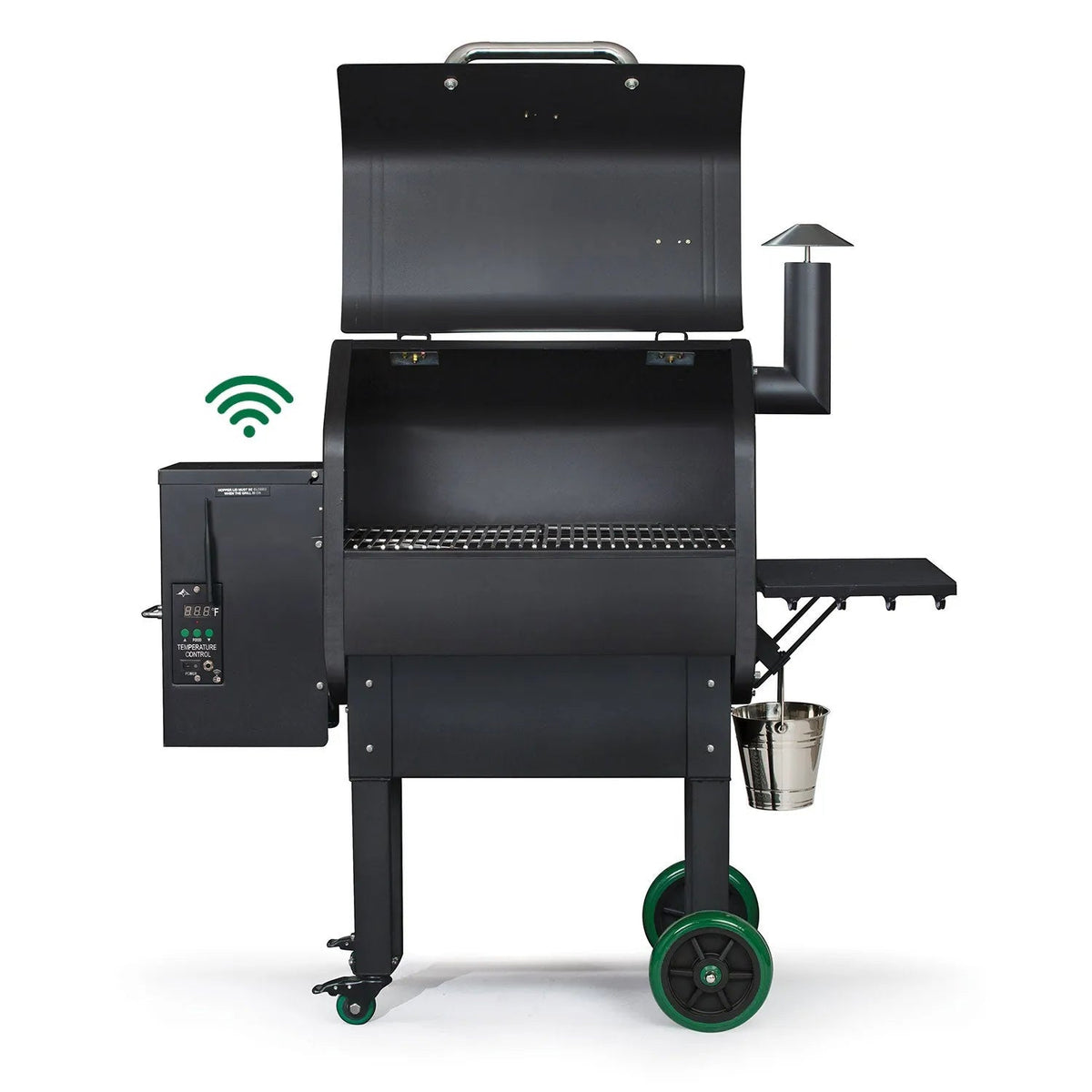 Black GMG Daniel Boone Choice WiFi pellet grill smoker with green wheels and digital control panel