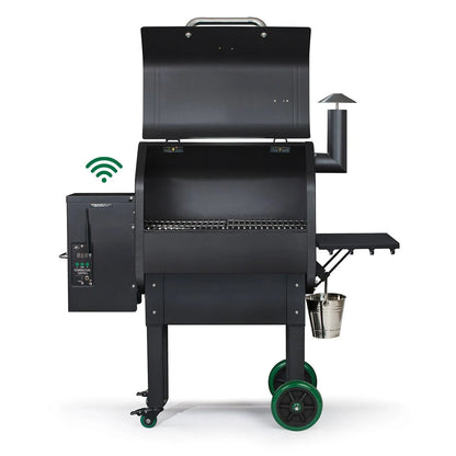 Black GMG Daniel Boone Choice WiFi pellet grill smoker with green wheels and digital control panel