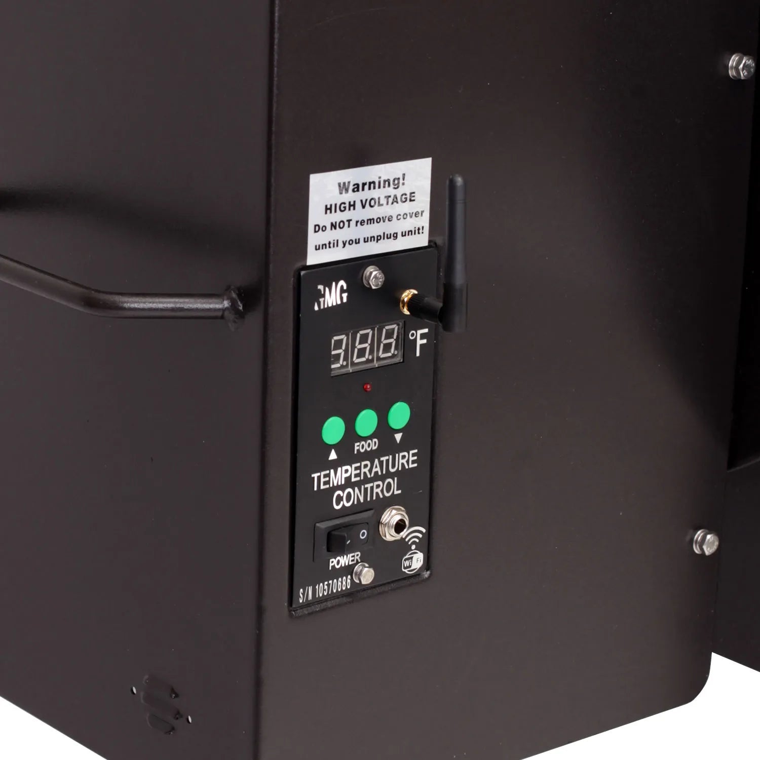 Black GMG Daniel Boone Choice WiFi pellet grill smoker with digital temperature control at 98.1°F and green indicator lights