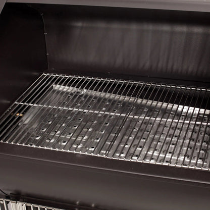 The GMG Daniel Boone Choice WiFi pellet grill smoker is a black rectangular grill with a metal grate inside