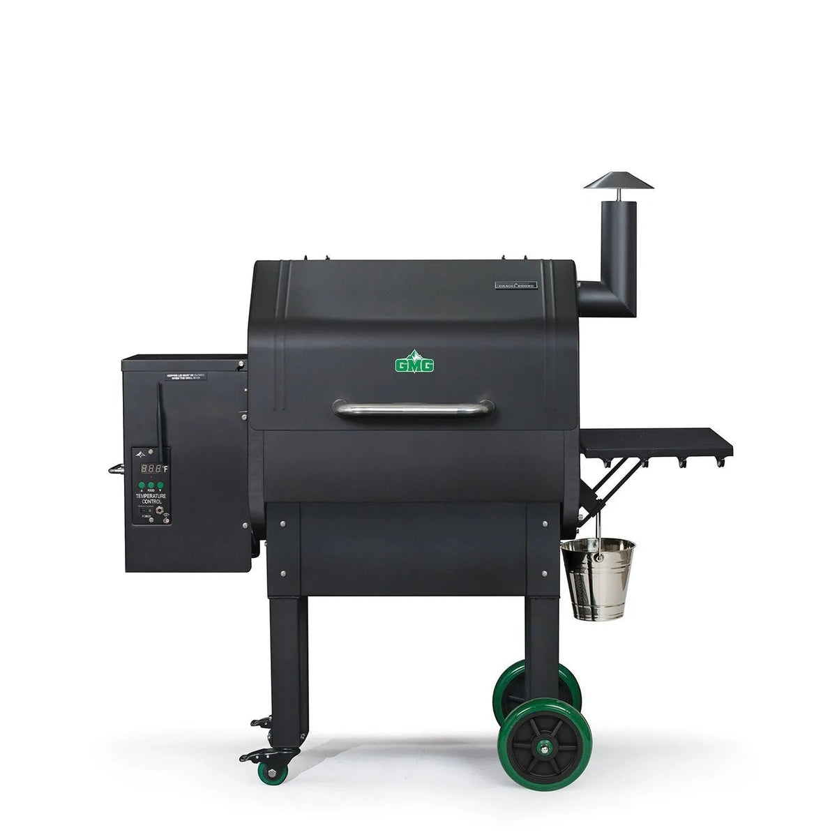 Black gmc pellet grill with green wheels and a stainless steel bucket side attachment for smoking and grilling