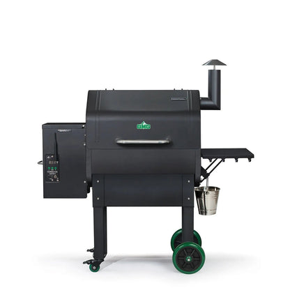 Black gmc pellet grill with green wheels and a stainless steel bucket side attachment for smoking and grilling