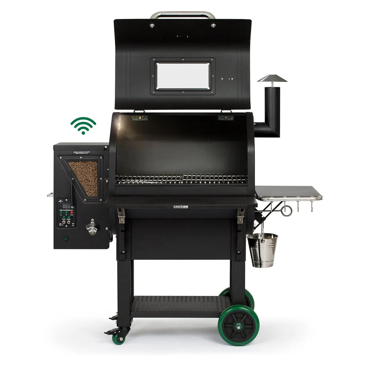 Gmg ledge prime plus black stainless steel pellet grill smoker with green wheels and digital control panel