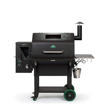 Black gmc savoy 300 pellet grill with green wheels and stainless steel bucket in GMG LEDGE PRIME PLUS WiFi pellet grill smoker