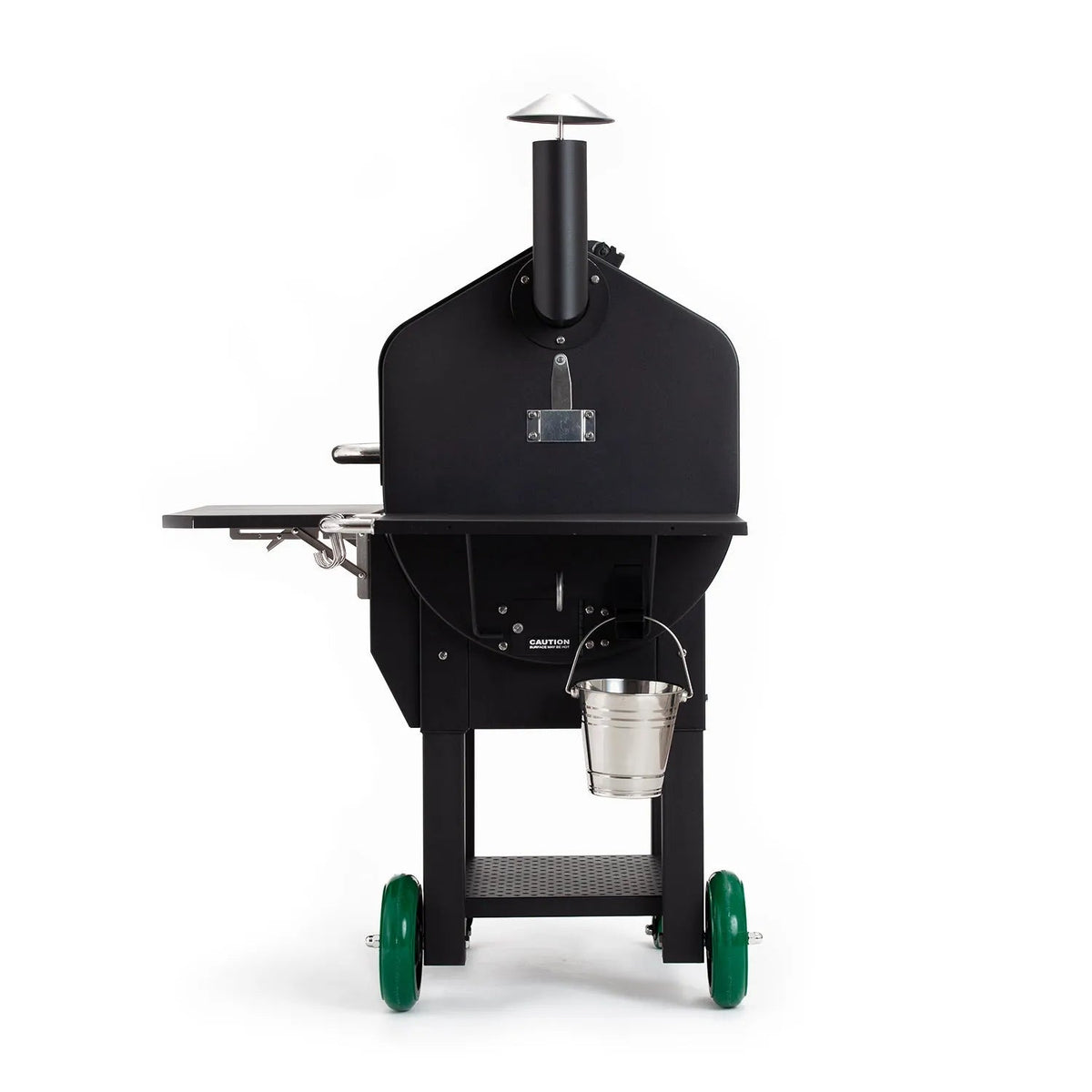 Black GMG ledge prime plus WiFi pellet grill smoker with green wheels and stainless steel bucket on the side