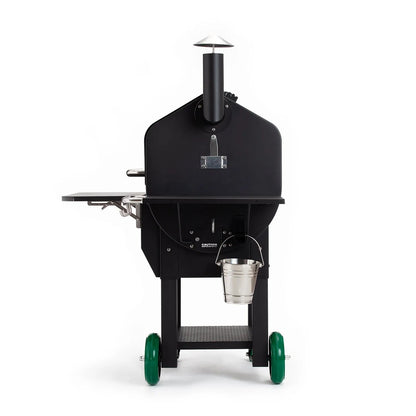 Black GMG ledge prime plus WiFi pellet grill smoker with green wheels and stainless steel bucket on the side