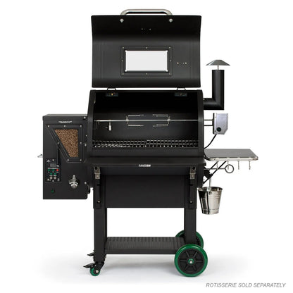 Black stainless steel GMG LEDGE PRIME PLUS WiFi pellet grill smoker with green wheels and side-mounted control panel