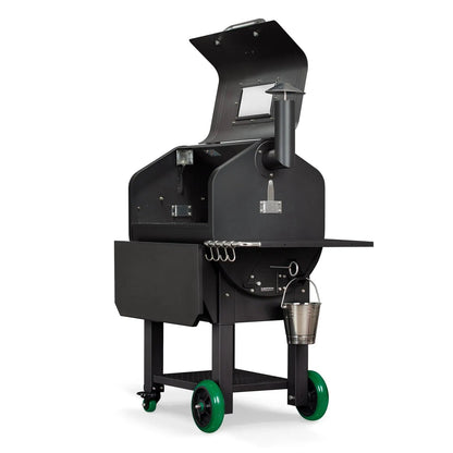 Black GMG ledge prime plus wifi pellet grill smoker with green wheels and stainless steel bucket attached side