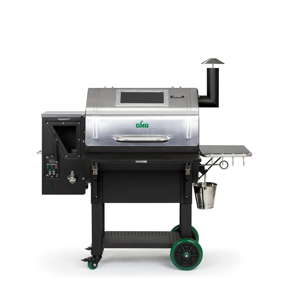 Silver and black gmG smokey mountain pellet grill with green wheels for smoking and grilling food outdoors