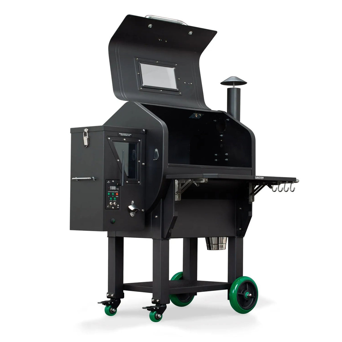 GMG Ledge Prime Plus WiFi pellet grill smoker in black stainless steel with green wheels and digital control panel
