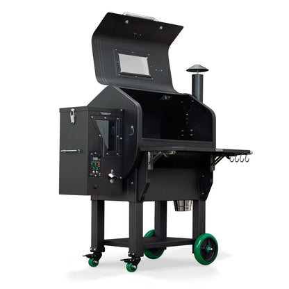 GMG Ledge Prime Plus WiFi pellet grill smoker in black stainless steel with green wheels and digital control panel